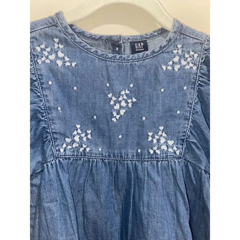BABY GAP 18-24 Month NWT Denim Embroidered Flowers Long Sleeve Dress Fall Winter